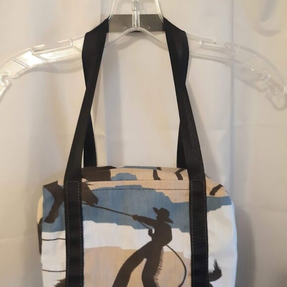 New Mini Duffle Travel Tote Shoulder Bag Western Cowboy Rodeo Horses Brown Blue - Picture 6 of 9